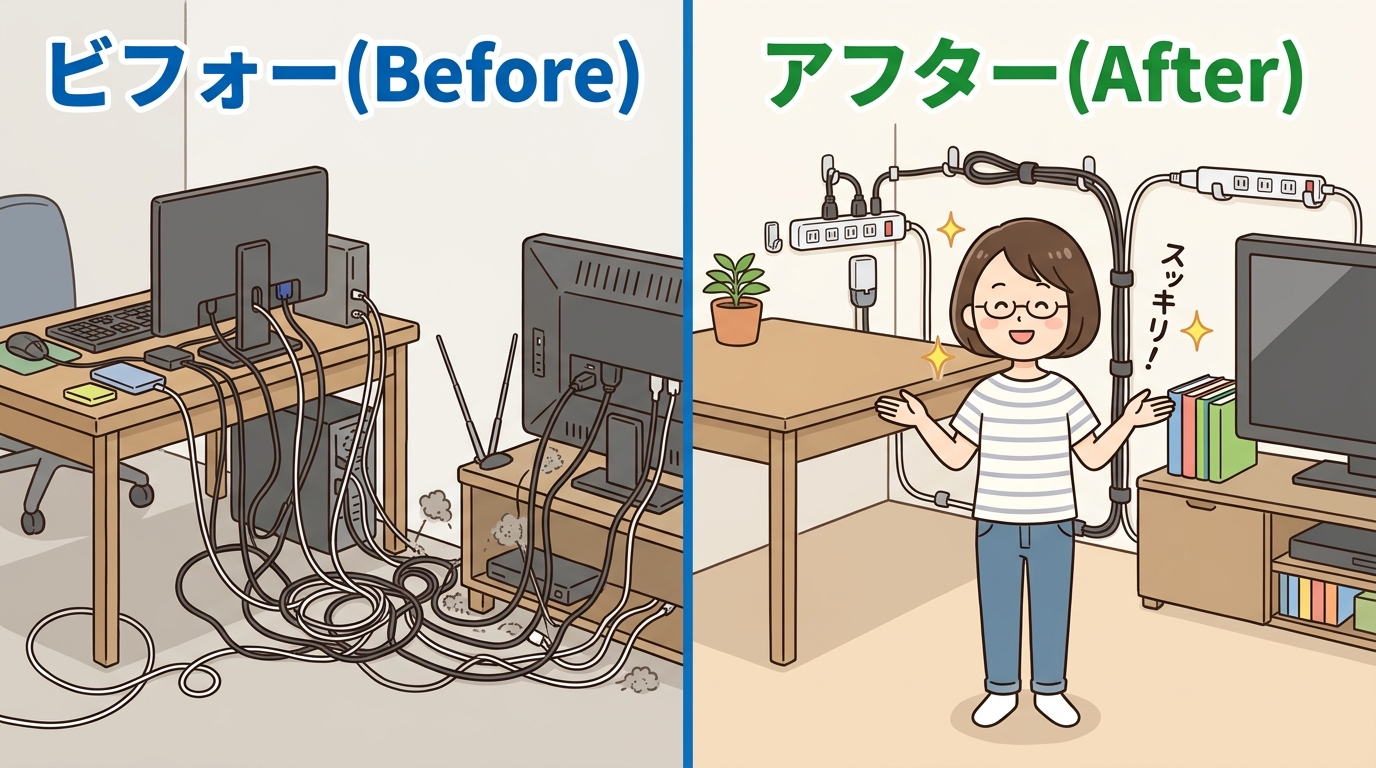 ごちゃついた配線がスッキリ片付くビフォーアフターのイメージ画像