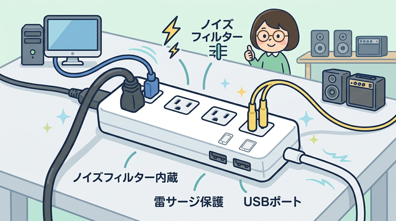 雷サージやUSBポートが付いた多機能タップの画像