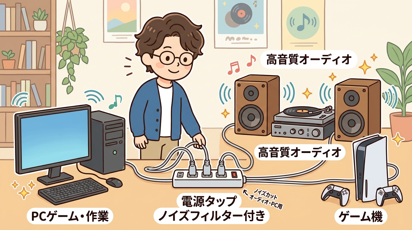 PC、オーディオ、ゲーム機のイラストと電源タップの画像
