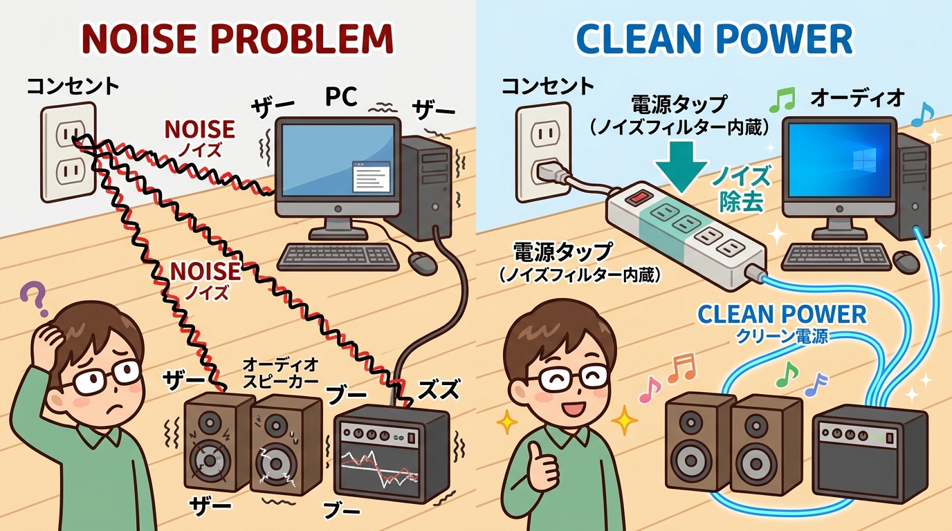 コンセントから機器にノイズが伝わるイメージ図