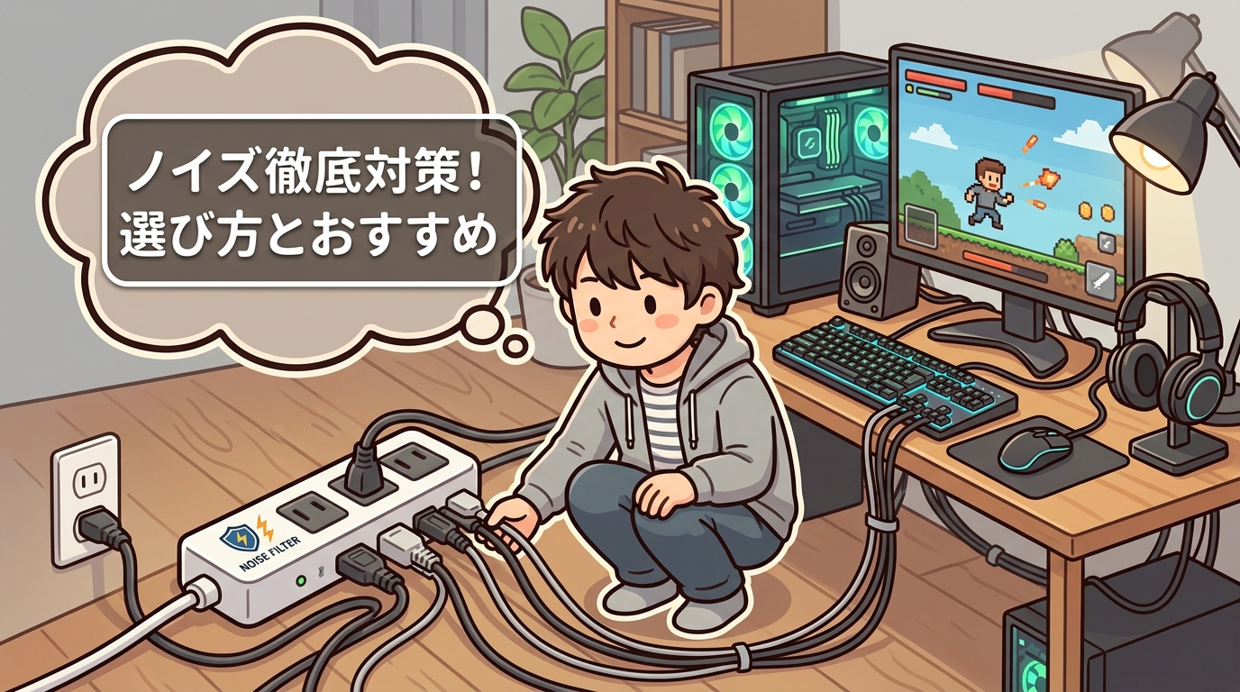 ゲーミングPC周辺と電源タップの画像