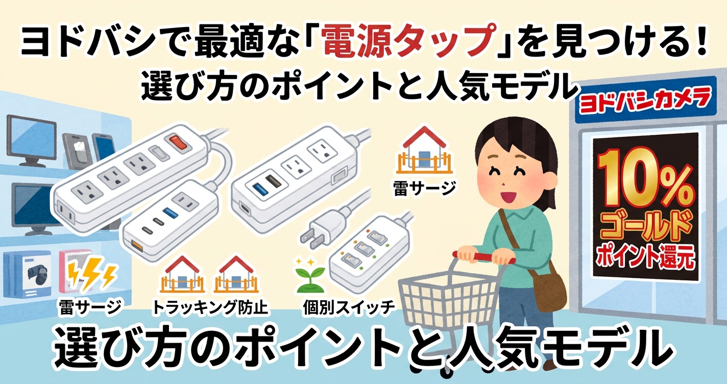 生活に欠かせない電源タップですが、実はどれも同じではありません。 お部屋がスッキリ片付く「USBポート付き」や、大切な家電を雷から守る「安全機能付き」など、選び方ひとつで毎日の快適さと安心感が劇的に変わります。 この記事では、圧倒的な品揃えを誇るヨドバシカメラで、あなたに最適な「電源タップ」を見つけるための選び方のポイントを徹底解説！ さらに、実店舗やヨドバシ.comを賢く使い倒して、お得に・スムーズに理想の1本を手に入れる方法までご紹介します。