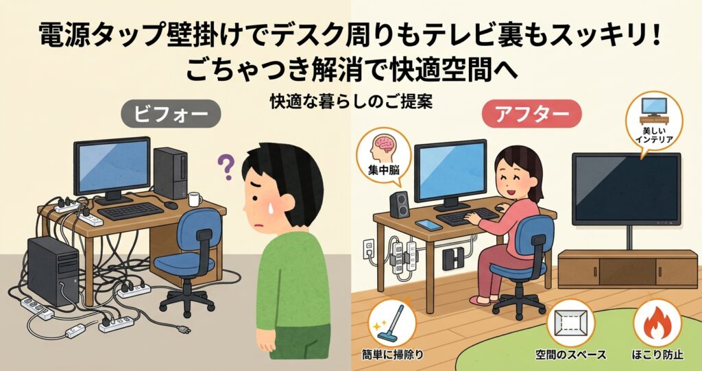 電源タップ壁掛けでデスク周りもテレビ裏もスッキリ！ごちゃつき解消で快適空間へ