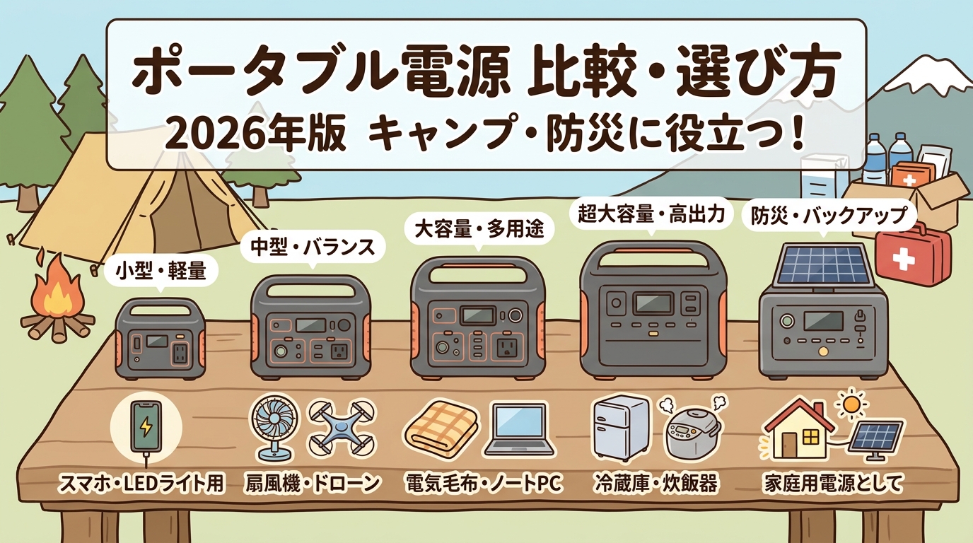 様々なサイズのポータブル電源が並んでいる比較画像