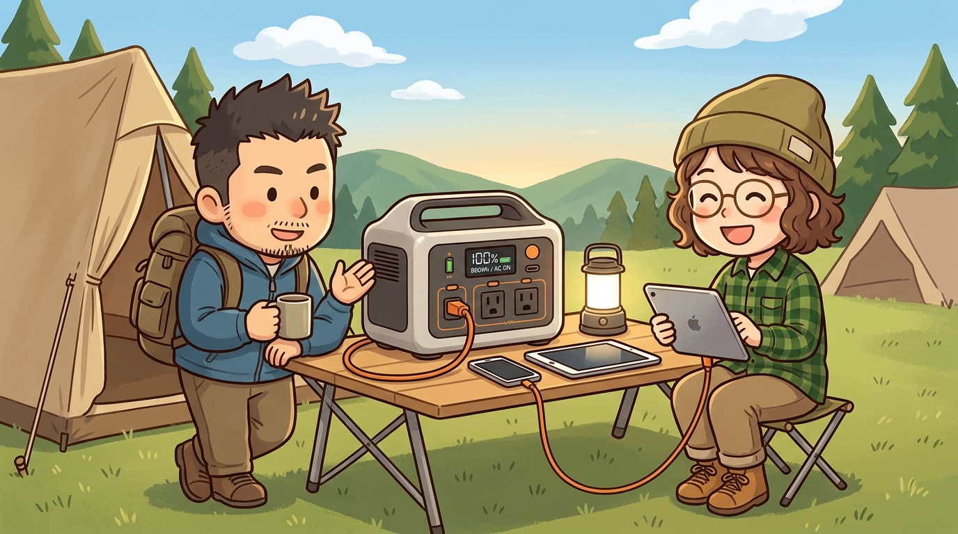 最新のポータブル電源をキャンプ場で使用しているイメージ画像