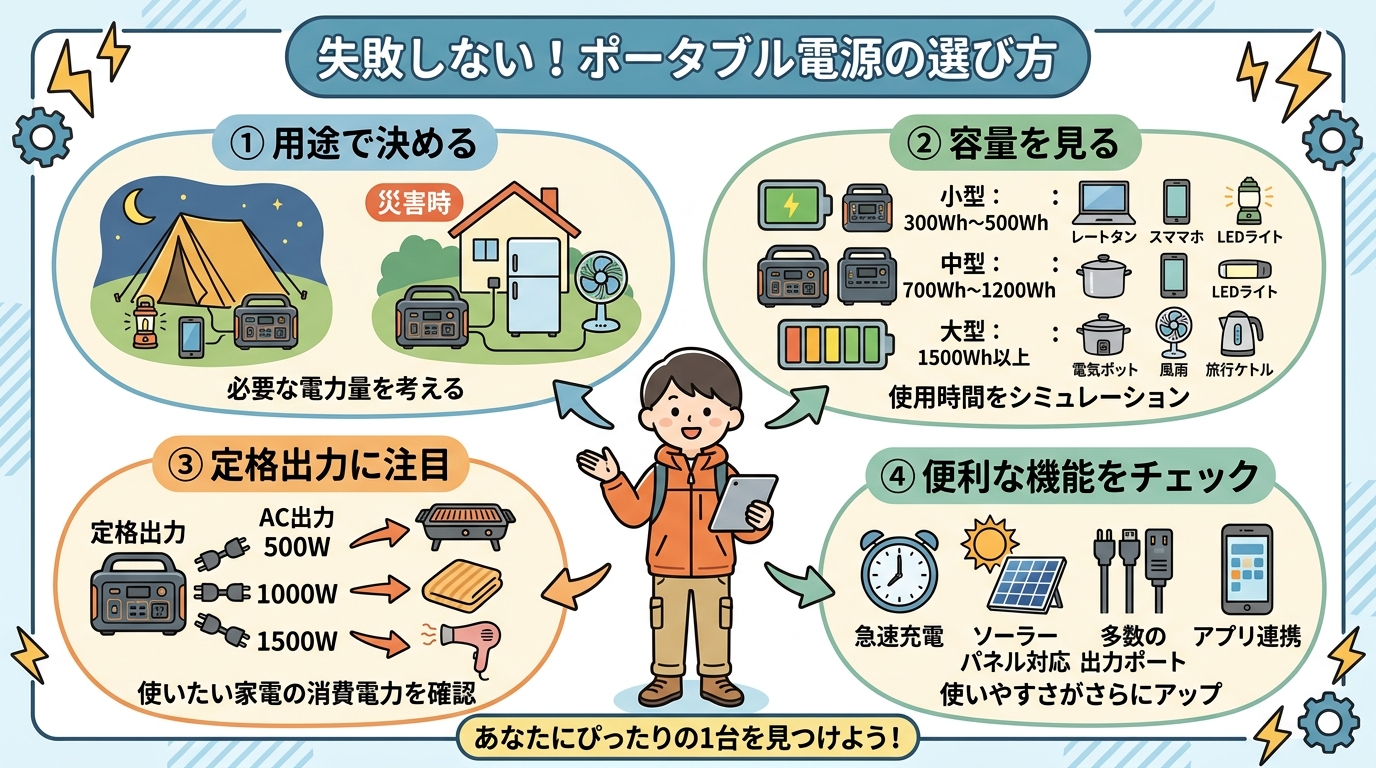 ポータブル電源の選び方を解説する図解画像