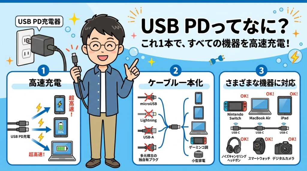 USB PDとは？もう充電器に悩まない！高速充電とケーブル一本化のすべて