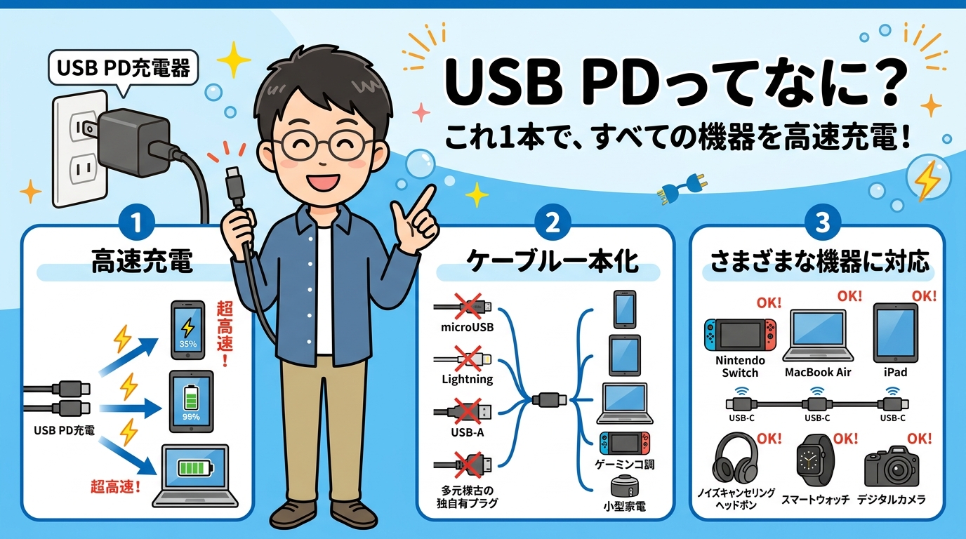 USB PDとは？もう充電器に悩まない！高速充電とケーブル一本化のすべて