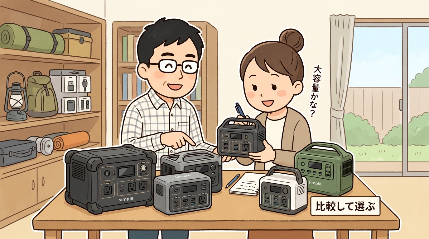 最新のポータブル電源を比較して選んでいる様子がわかる画像