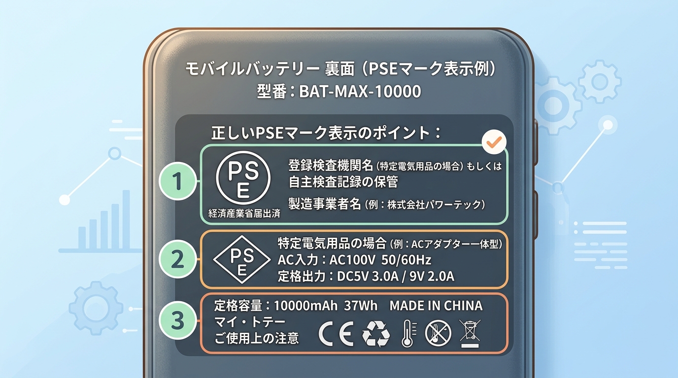 モバイルバッテリー裏面の正しいPSEマーク表示例の画像