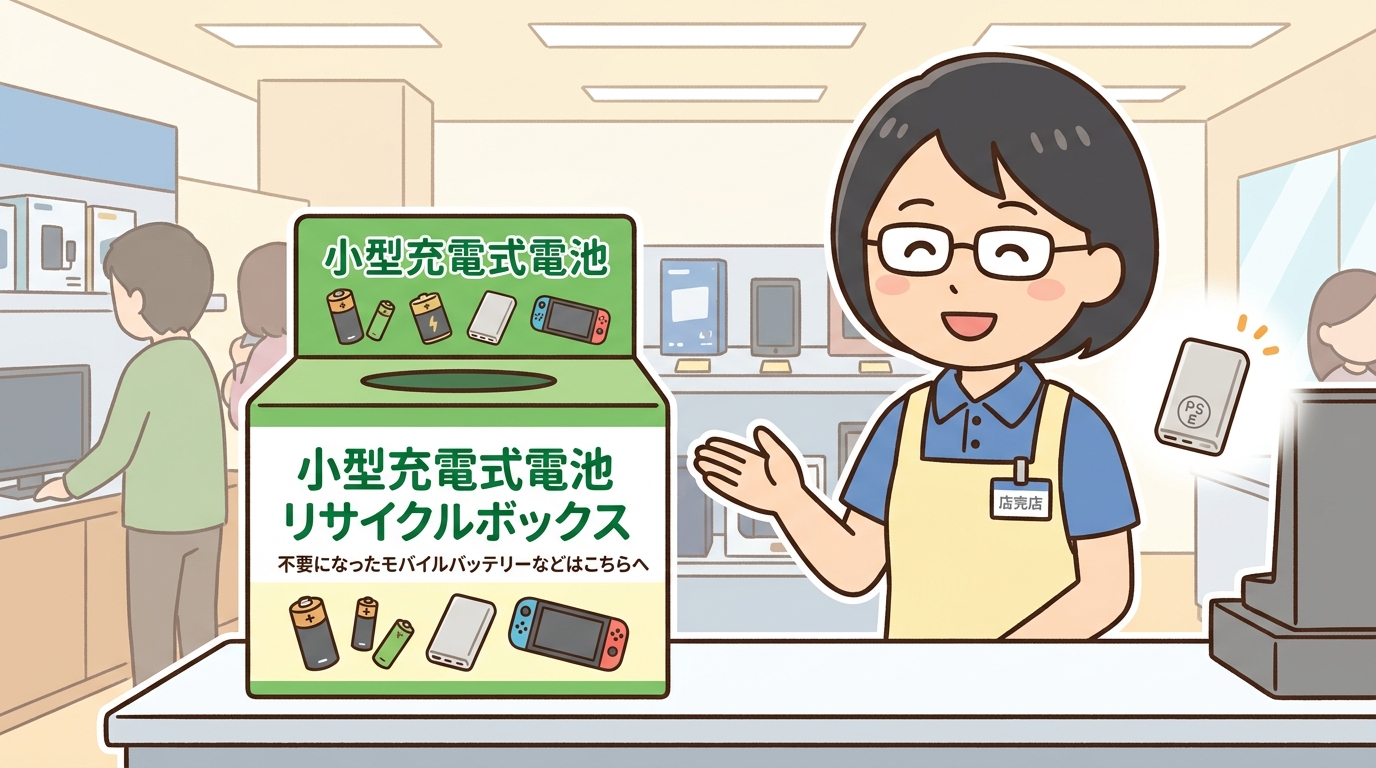 家電量販店に設置されている小型充電式電池リサイクルボックスの画像