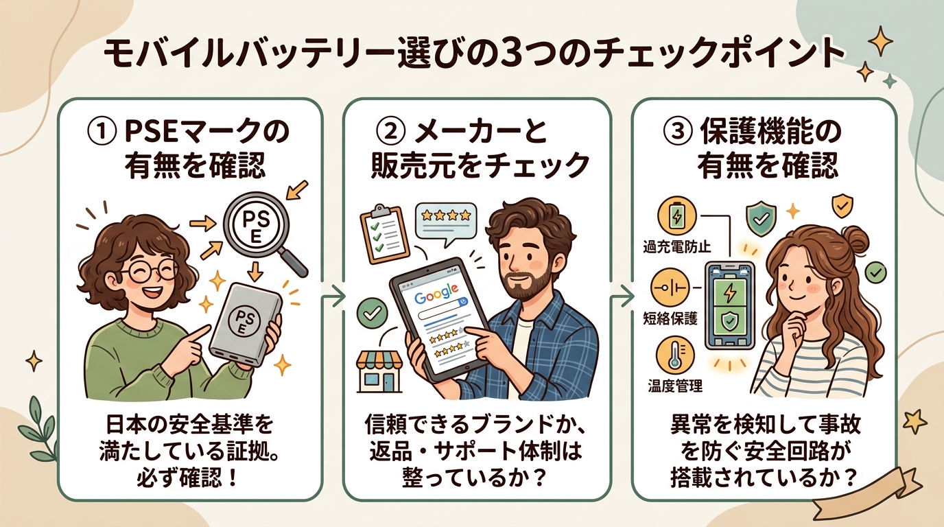 モバイルバッテリーを選ぶ際の3つのチェックポイント図