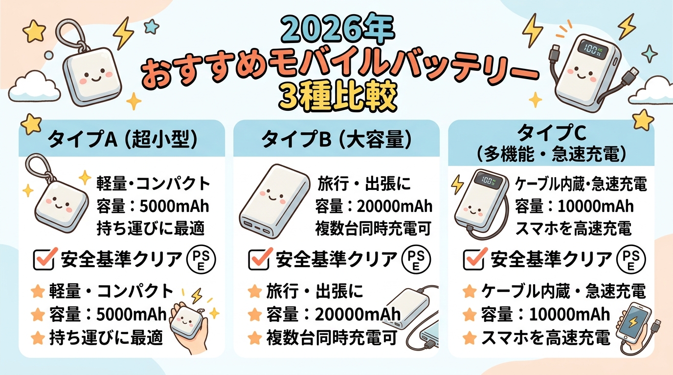 2026年おすすめのモバイルバッテリー3種類の比較画像