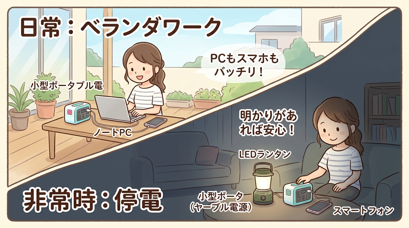 日常のベランダワークと停電時のライト点灯を対比させた活用イメージ画像