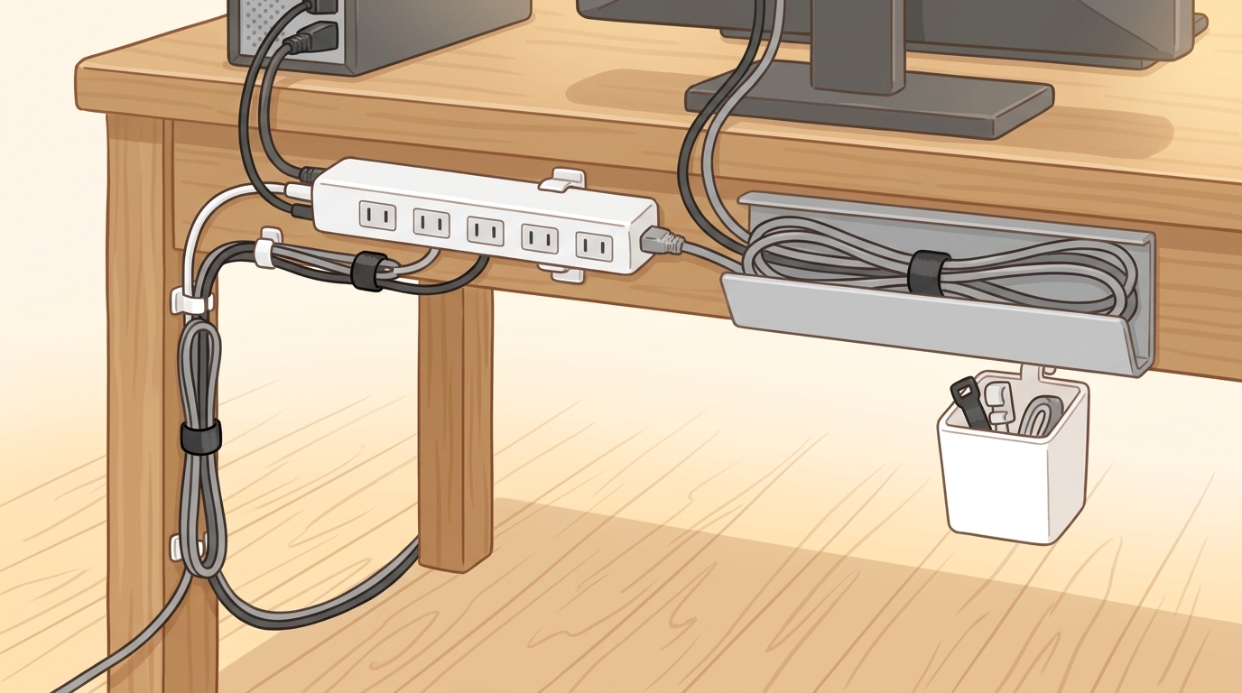 デスク下で整理されすっきりした電源タップと配線の画像