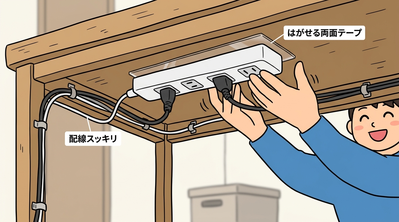 剥がせる両面テープでデスク裏に固定された電源タップの画像