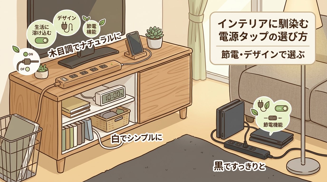様々なデザイン（木目調、白、黒など）の電源タップがインテリアに溶け込んでいる様子