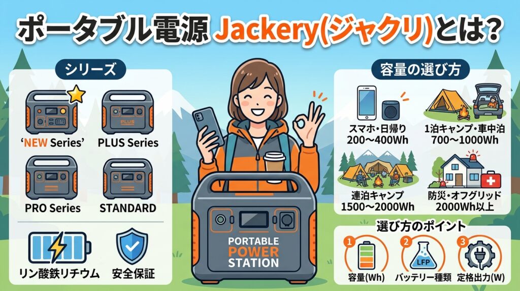 ポータブル電源Jackery(ジャクリ)のシリーズ比較・容量目安・選び方のポイントをまとめたイラスト画像