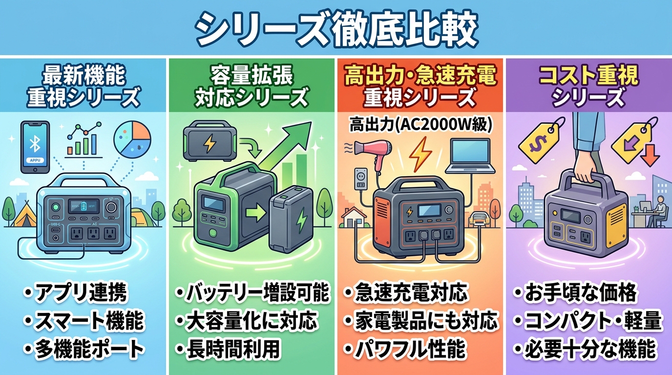 Jackeryのポータブル電源シリーズ(New・Plus・Pro・スタンダード)が並んで比較されているイラスト画像