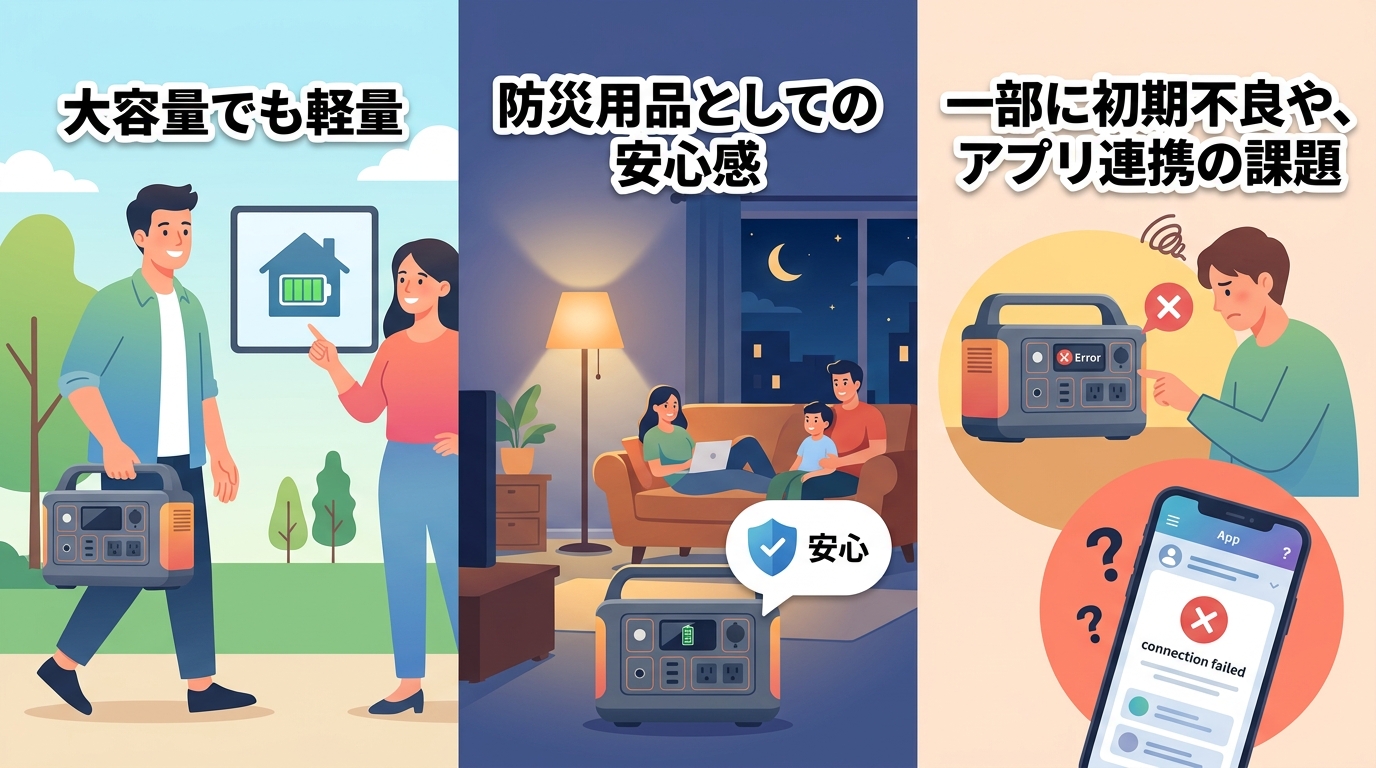 手元でポータブル電源を操作し満足そうに使っている様子のイラスト画像