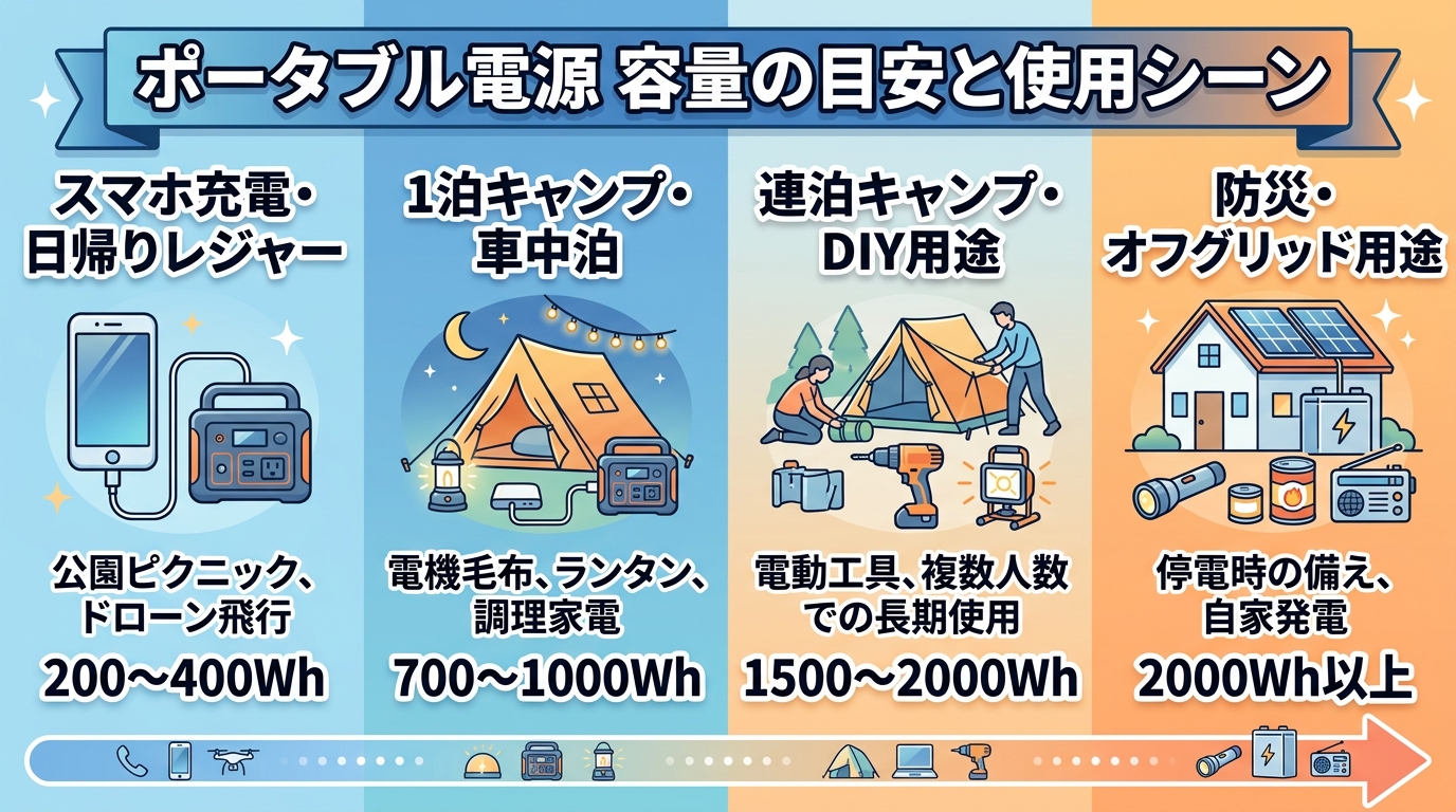 キャンプ・車中泊・防災など様々なシーンでポータブル電源が活躍しているイラスト画像