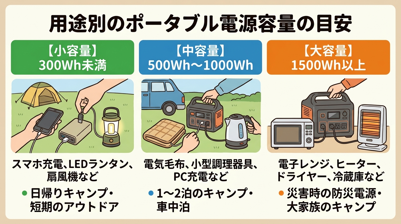 用途別のポータブル電源容量の目安