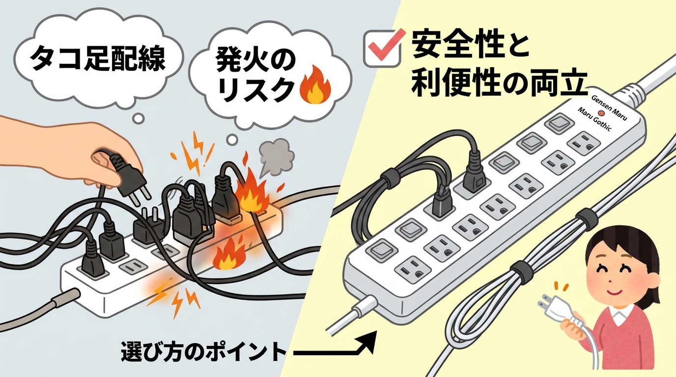 危険なタコ足配線と発火のリスクを示すイラスト画像