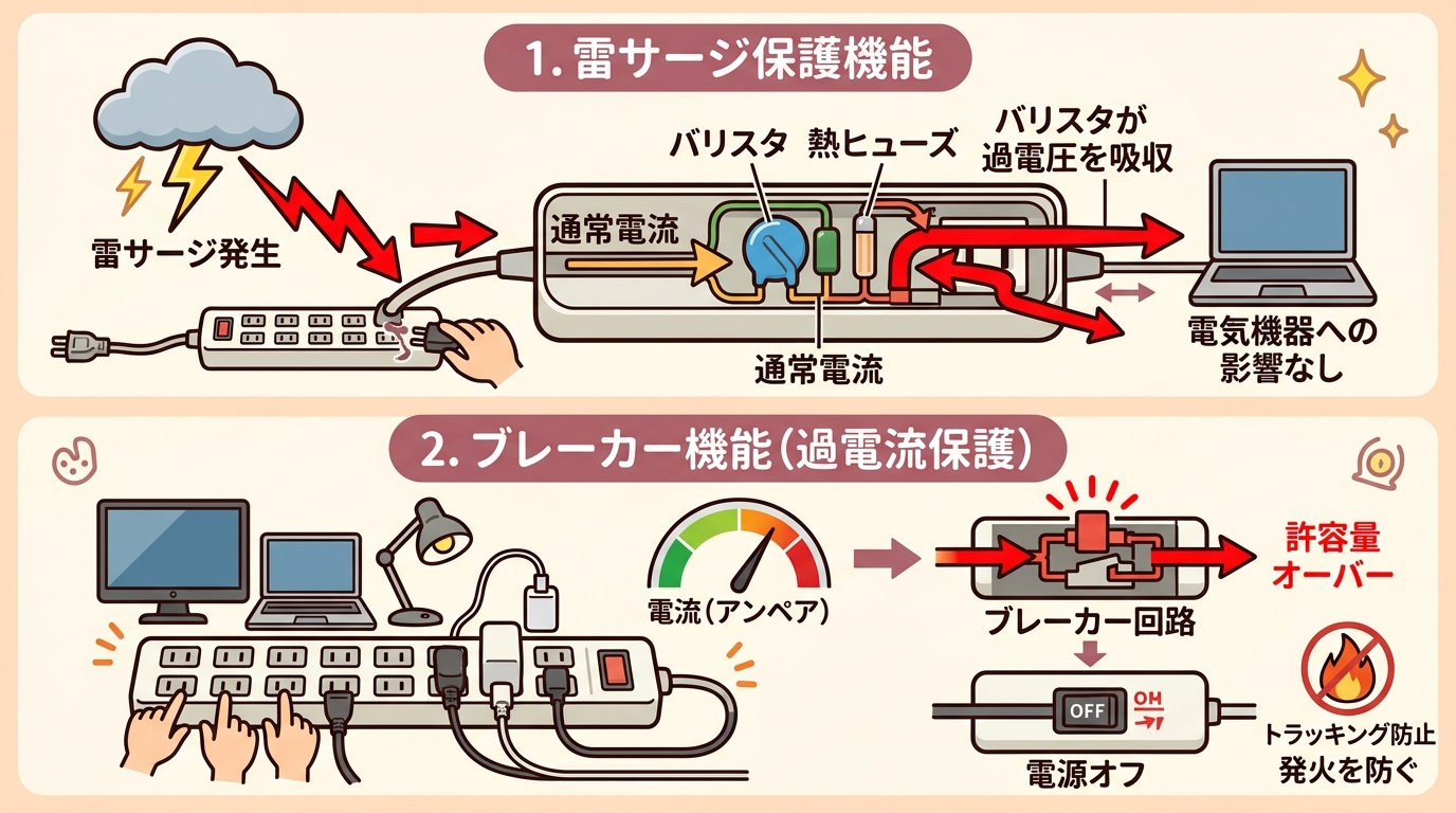 雷サージ機能やブレーカー機能の仕組みを解説する図解画像