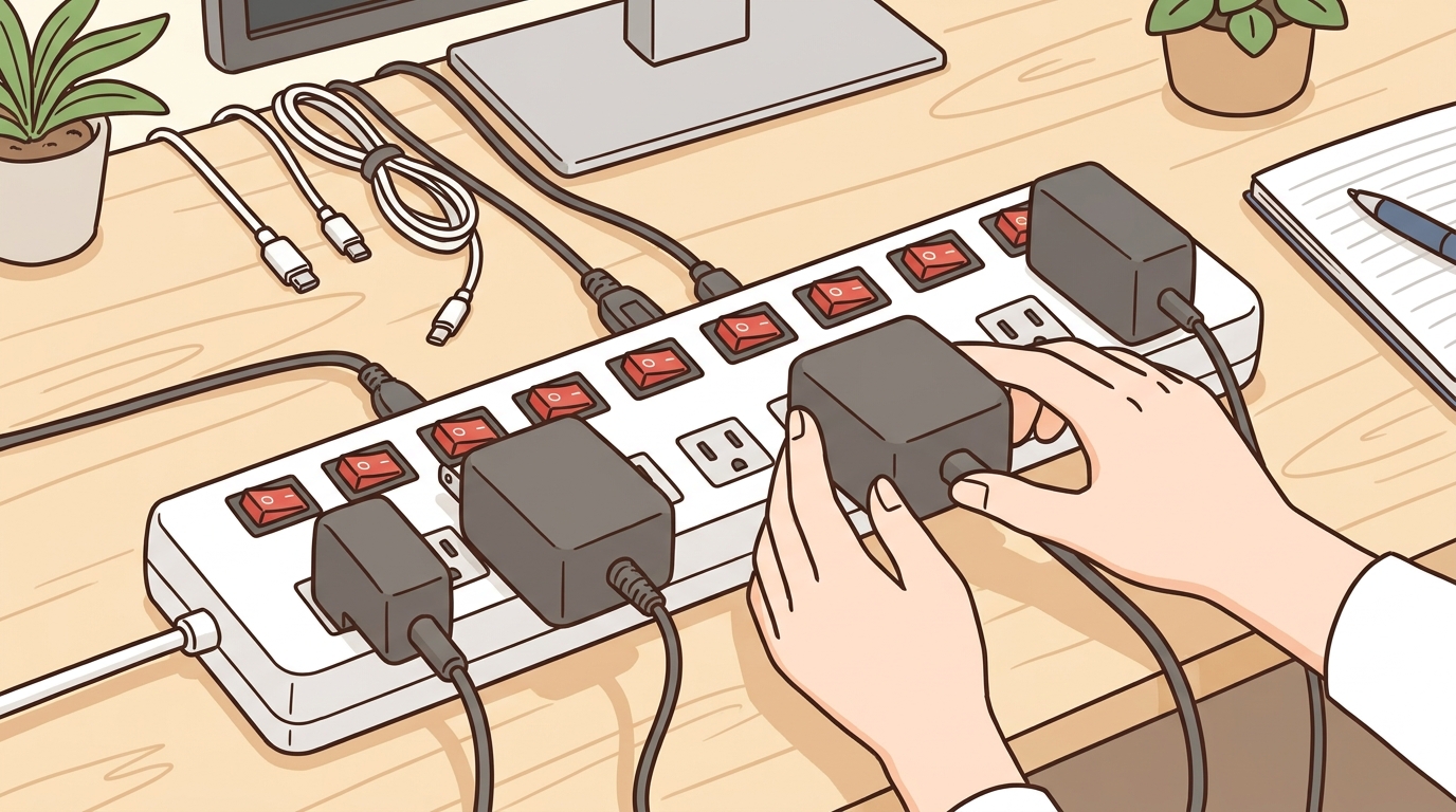 大型ACアダプターが干渉せずに挿さっている、コンセント間隔の広い電源タップの画像