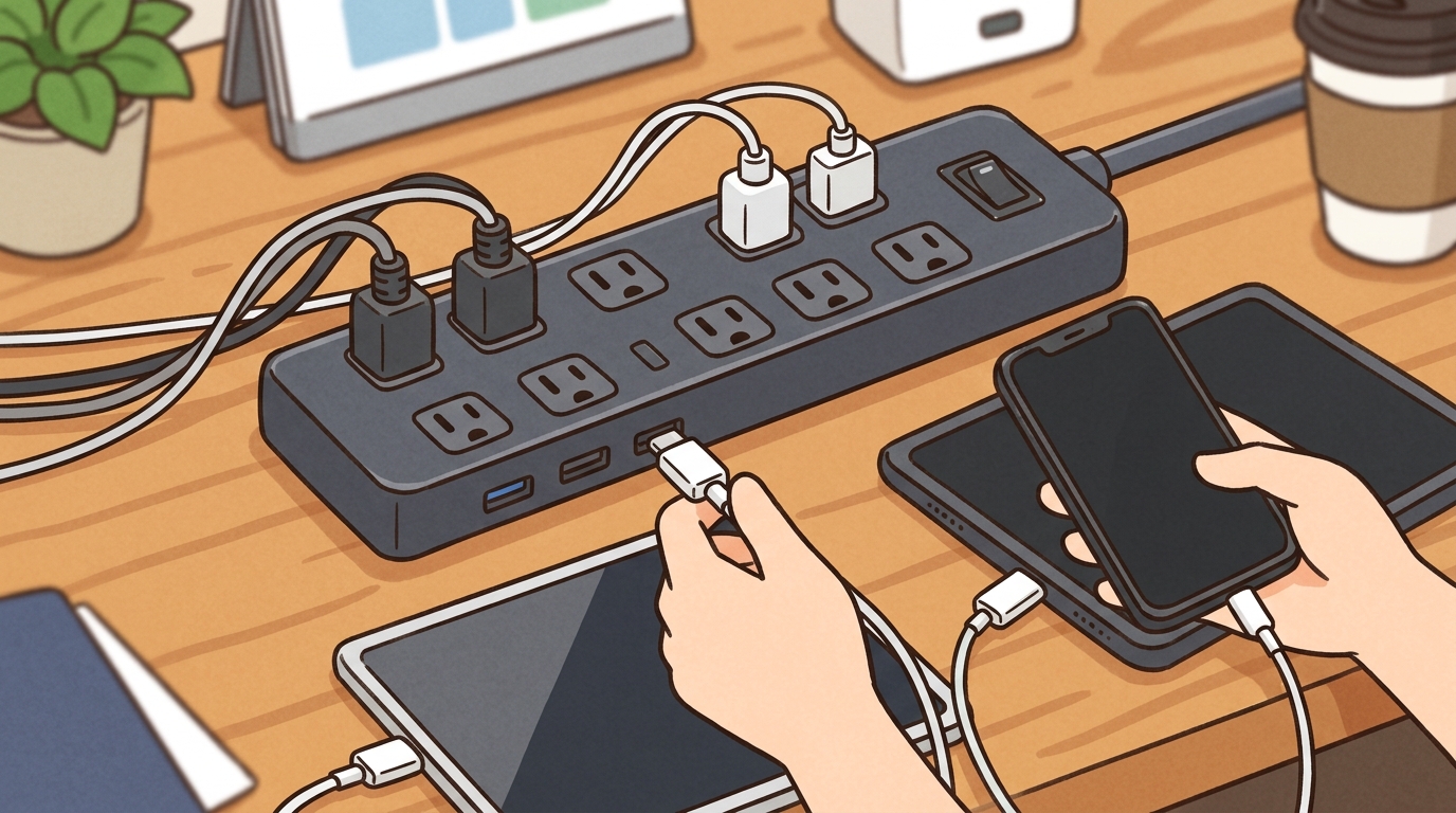 USBポート（Type-C/A）に直接ケーブルを挿してスマホやタブレットを充電している画像
