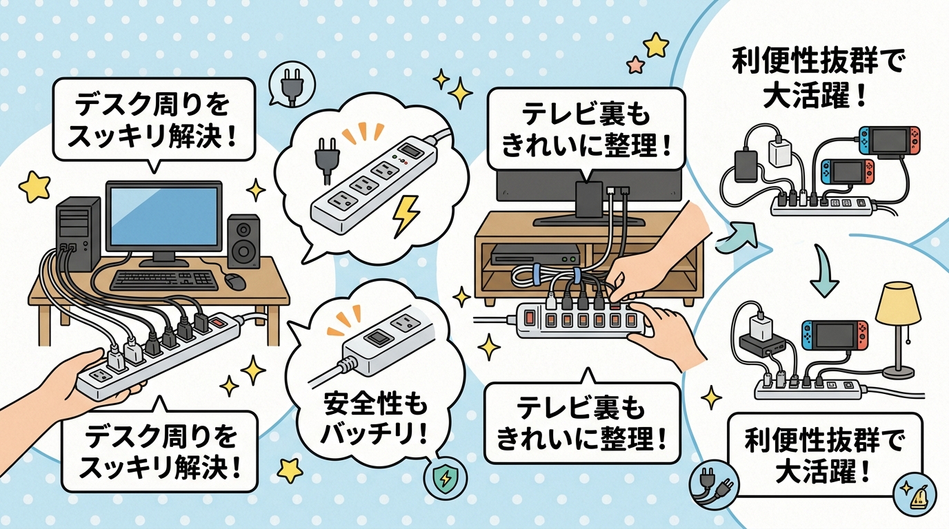 PCデスクやテレビ裏など、様々なシーンで電源タップが活用されているイメージ画像