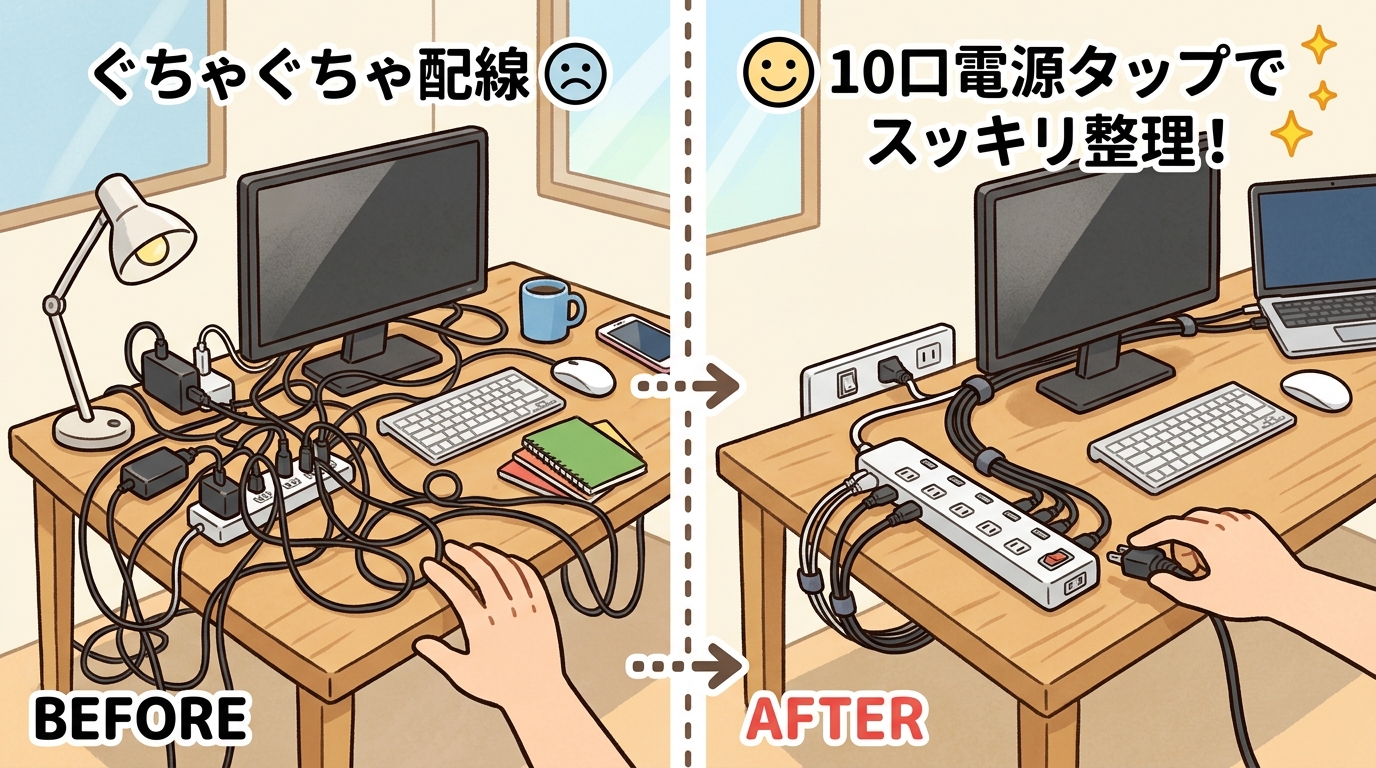 ごちゃごちゃした配線が10口電源タップでスッキリ整理されたデスク周りのビフォーアフター画像