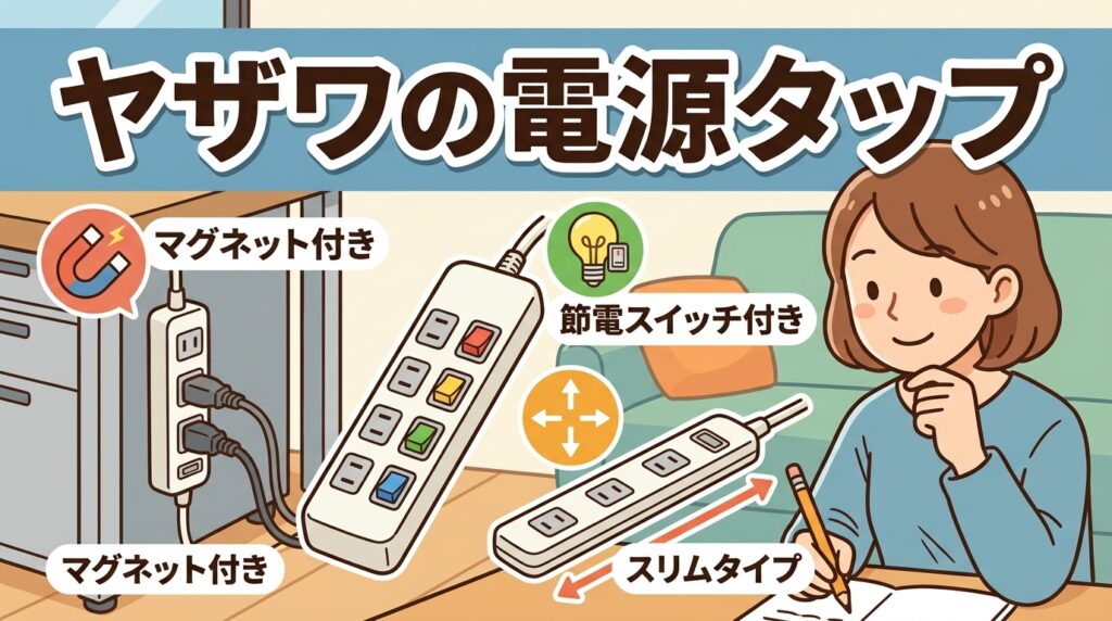 ヤザワの電源タップ（マグネットフック付き・節電スイッチ付き・スリムタイプ）のイメージ
