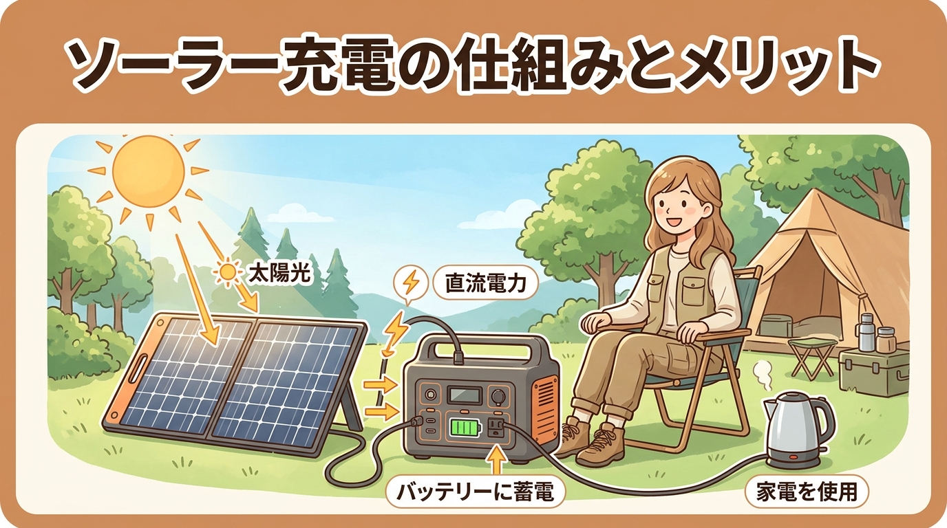 ソーラーパネルでポータブル電源を屋外で充電している様子のイラスト画像