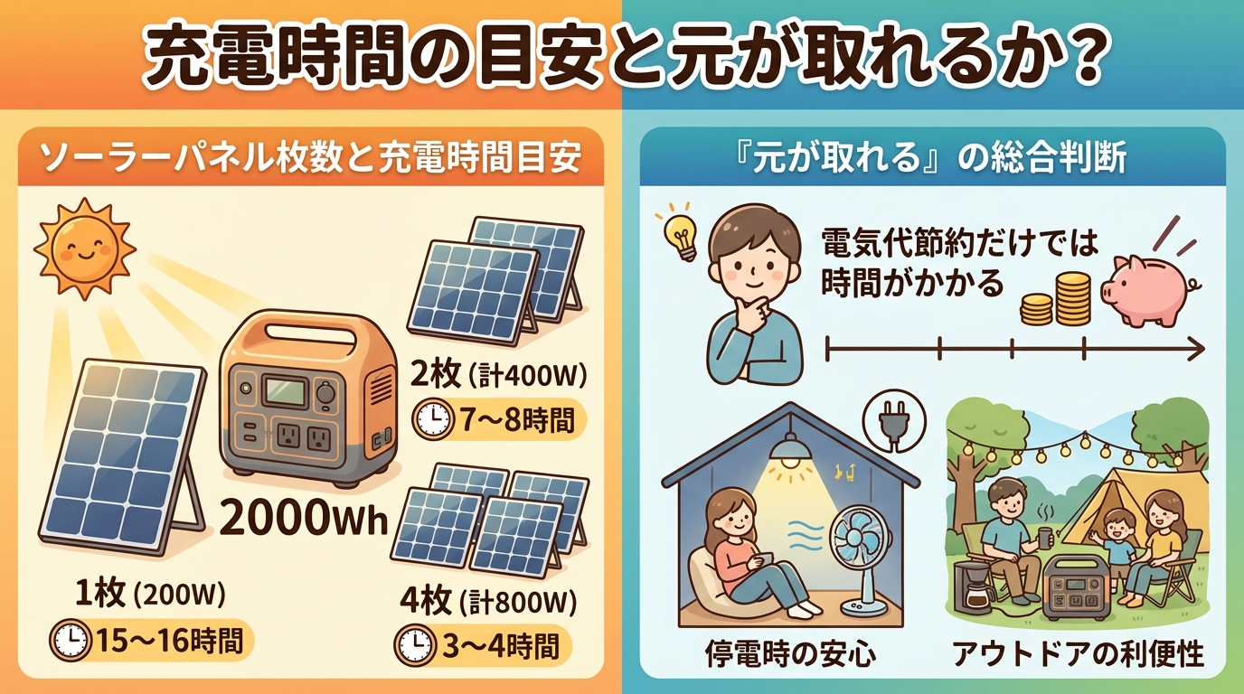 ソーラーパネルの枚数による充電時間の違いを示すイラスト画像