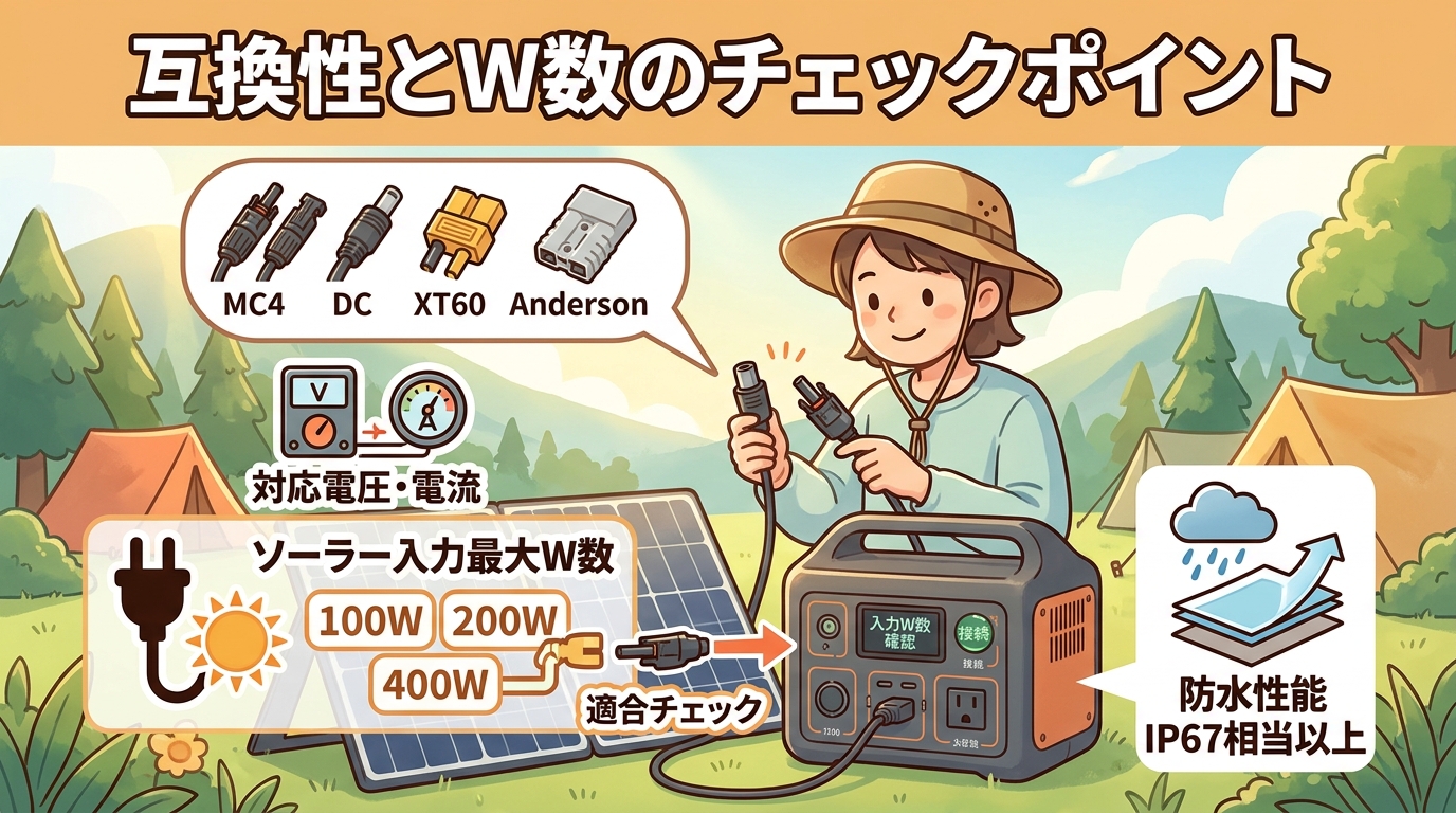 ポータブル電源とソーラーパネルの接続端子・W数を確認しているイラスト画像