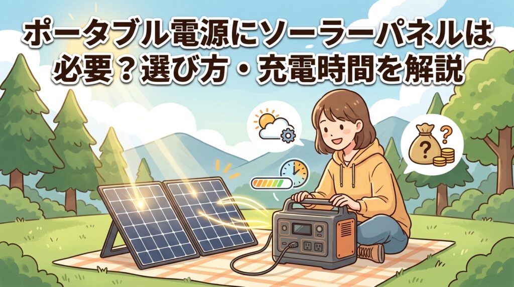 ポータブル電源とソーラーパネルを屋外で使っている様子のイラスト画像
