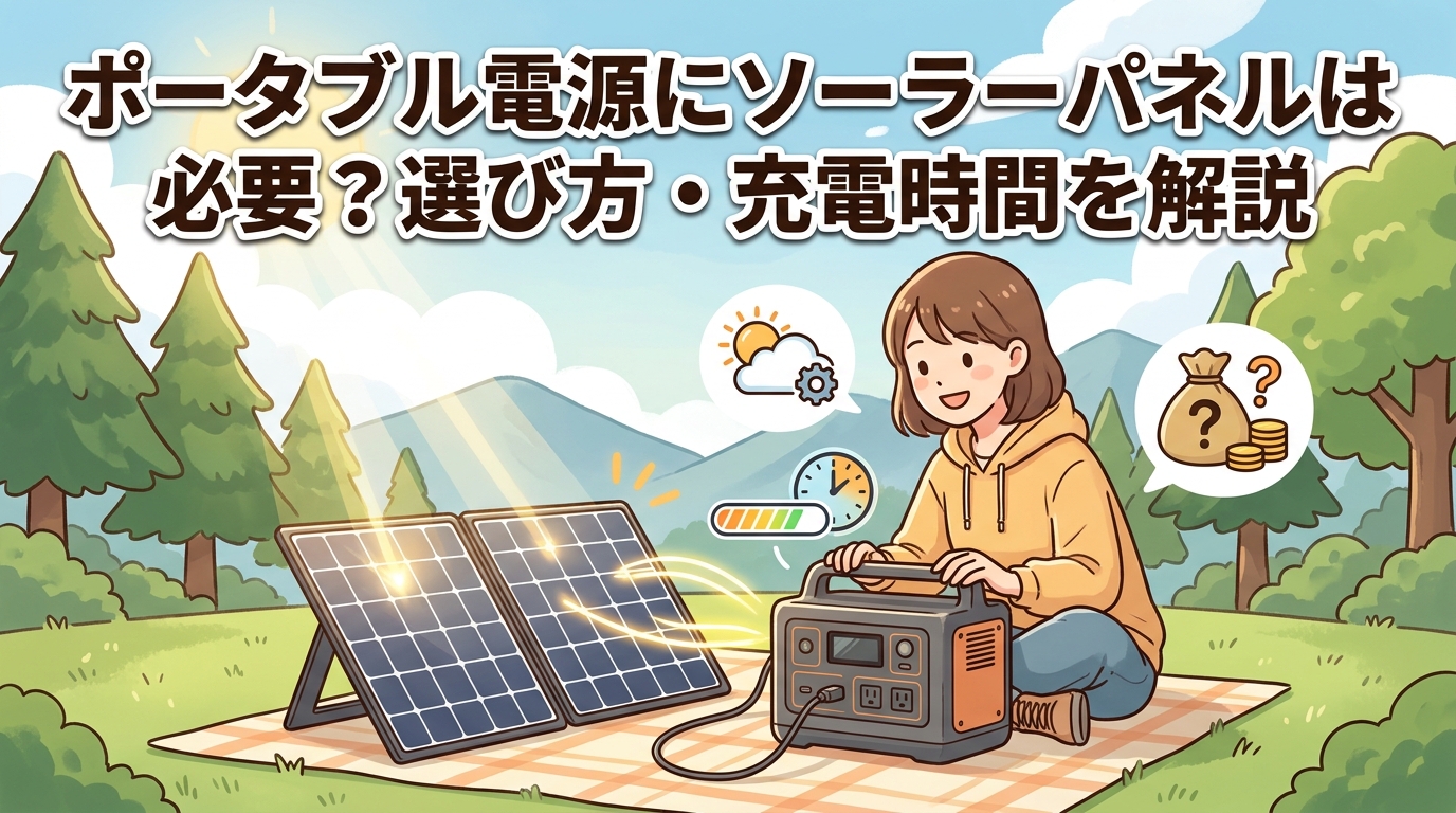 ポータブル電源とソーラーパネルを屋外で使っている様子のイラスト画像