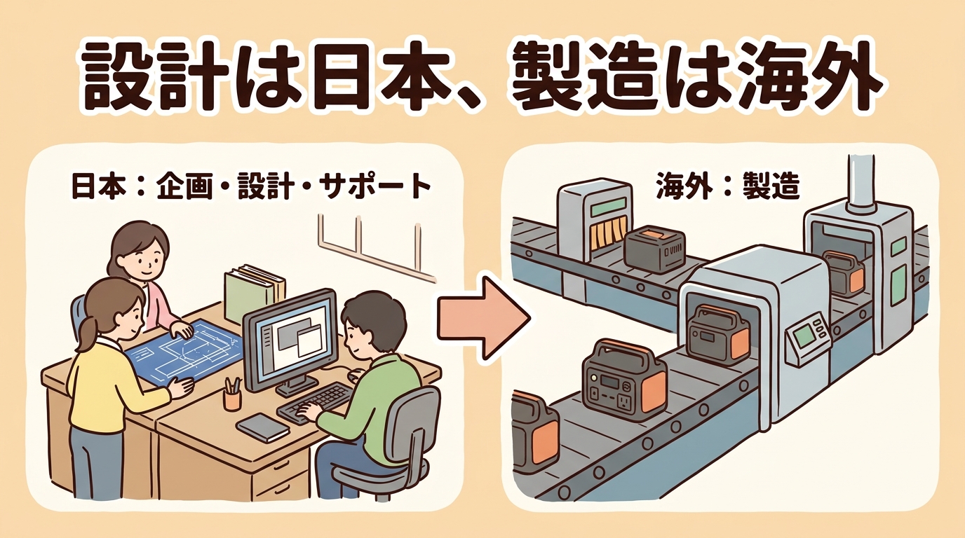 「設計は日本、製造は海外」という日本ブランドのポータブル電源の作られ方を表す図解