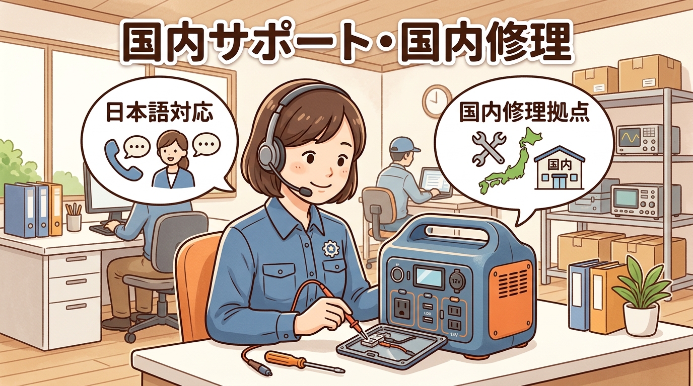 日本語対応の窓口と国内修理拠点でポータブル電源のサポートを受けられる様子のイラスト