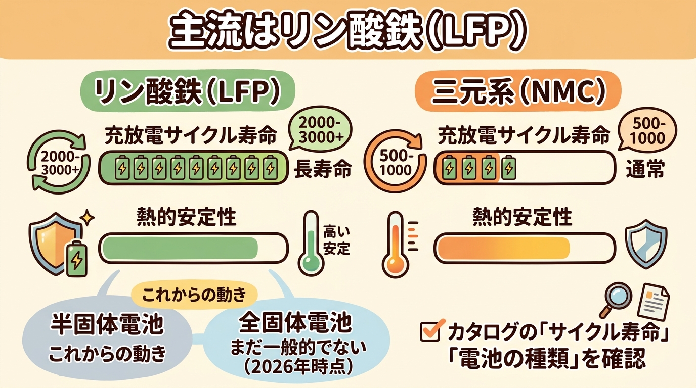 リン酸鉄リチウムイオン電池（LFP）と三元系（NMC）のサイクル寿命・熱的安定性を比較した図