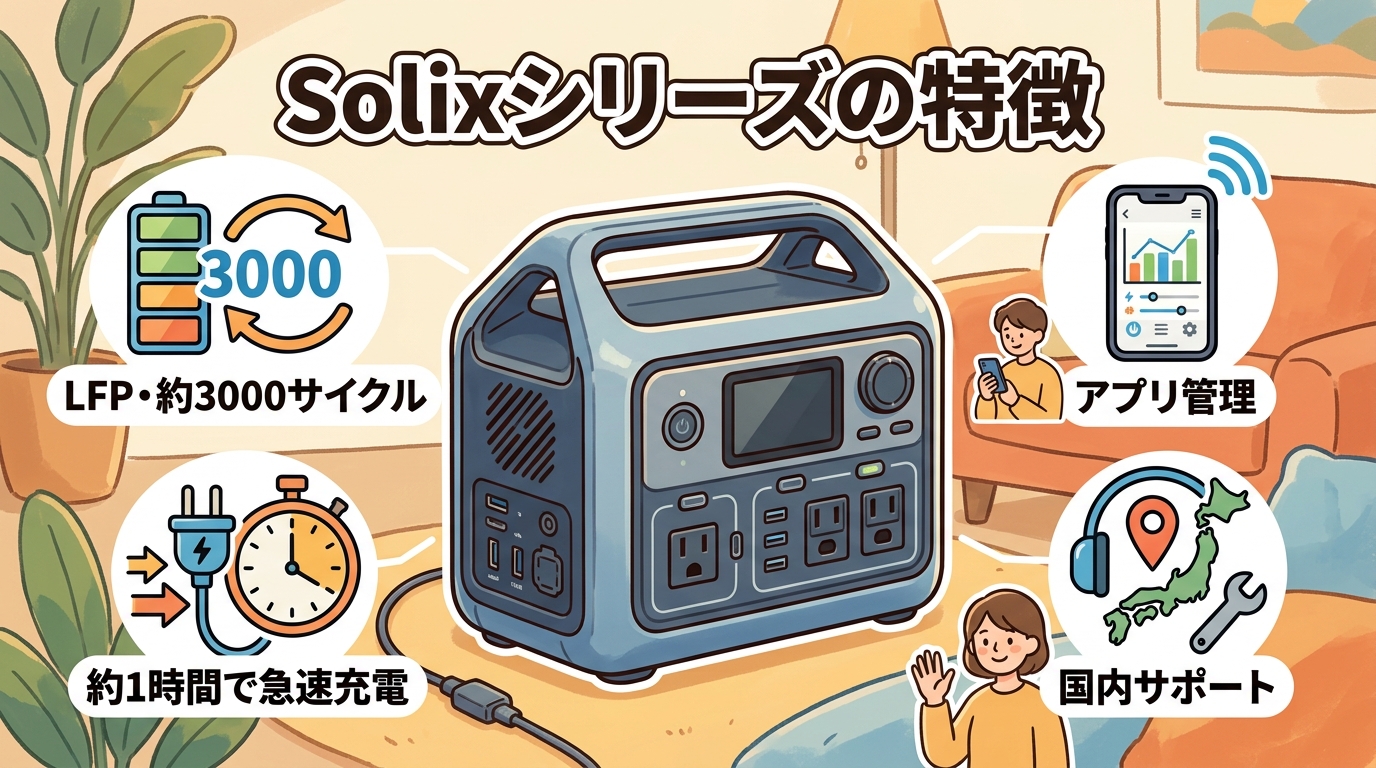Anker Solixシリーズの特徴（LFP・約3000サイクル、約1時間の急速充電、アプリ管理、国内サポート）を表す図
