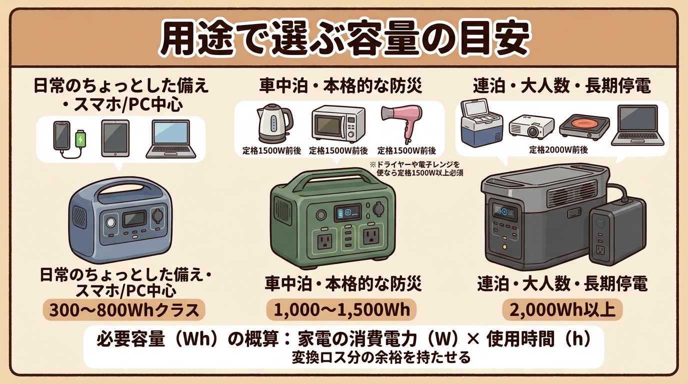 用途別のポータブル電源の容量目安（日常300〜800Wh／車中泊・防災1000〜1500Wh／連泊・長期停電2000Wh以上）を表す図