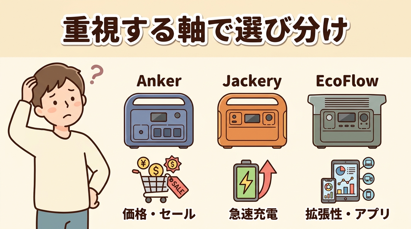 Anker・Jackery・EcoFlowを価格・急速充電・拡張性の軸で選び分けることを表すイラスト