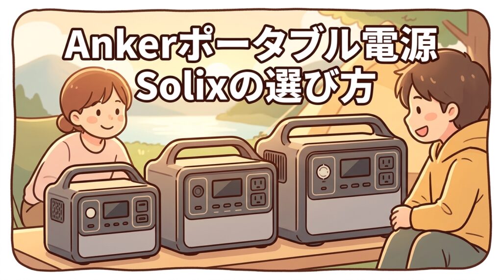 「Ankerポータブル電源 Solixの選び方」——小型から大容量までのラインナップを表すアイキャッチ
