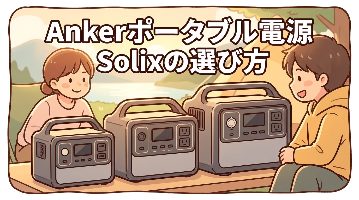 「Ankerポータブル電源 Solixの選び方」——小型から大容量までのラインナップを表すアイキャッチ