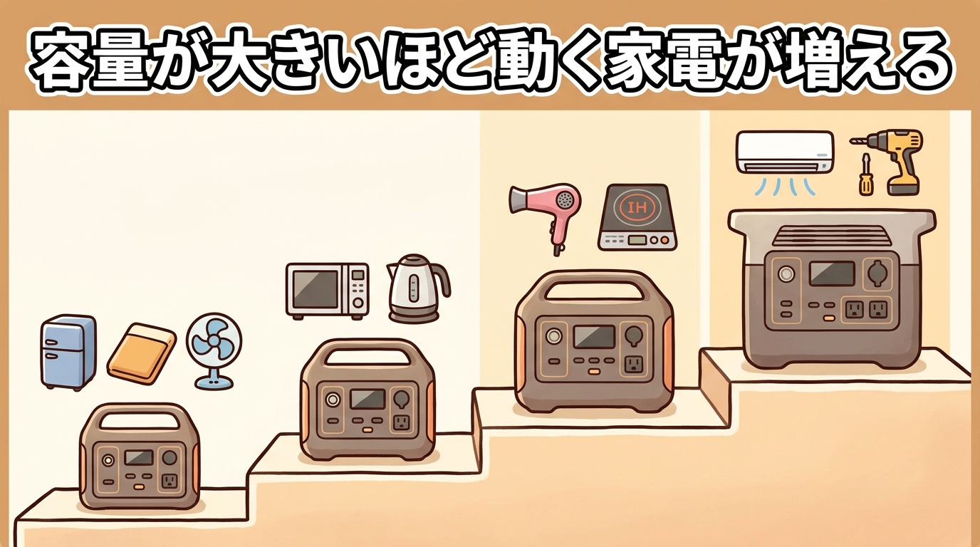 容量帯（1000〜1500Wh／1500〜2000Wh／2000〜3000Wh／3000Wh超）ごとに、対応する定格出力の目安と動かせる家電（車載冷蔵庫・電気毛布→電子レンジ・ケトル→ドライヤー・IH→エアコン・電動工具）を階段状に並べた図解