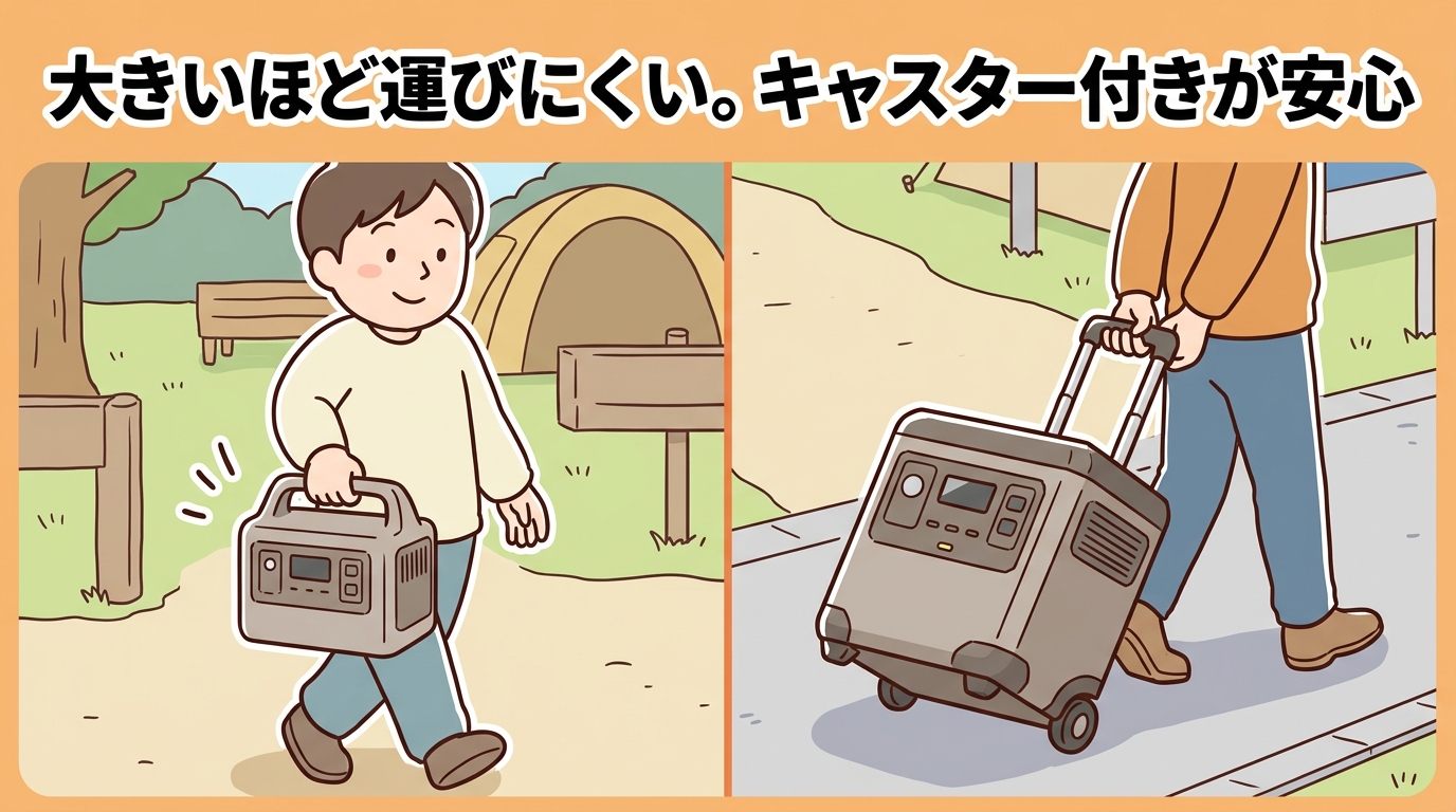 容量が大きくなるほど重量が増える様子を、片手で持てる小型ユニットと、キャスターと伸縮ハンドルでスーツケースのように運ぶ大型ユニットを並べて対比したイラスト。人物が両者を運んでいる