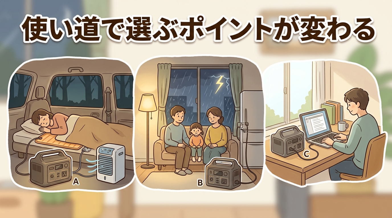 大容量ポータブル電源の使い道を3つのシーン（車中泊の車内で電気毛布・小型クーラー／停電した家で家族が冷蔵庫と照明を使う／自宅の部屋でノートPCのバックアップ電源）に分けて、それぞれ重視すべきポイントを添えたイラスト