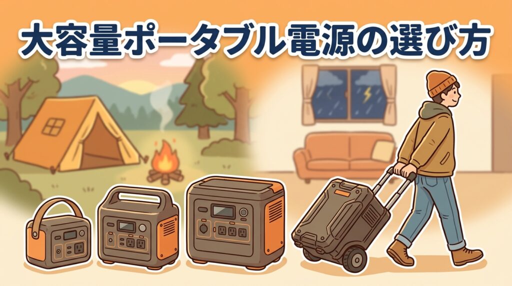 大きさの異なる大容量ポータブル電源が並び、人物がキャスター付きの大型モデルを運んでいるイラスト